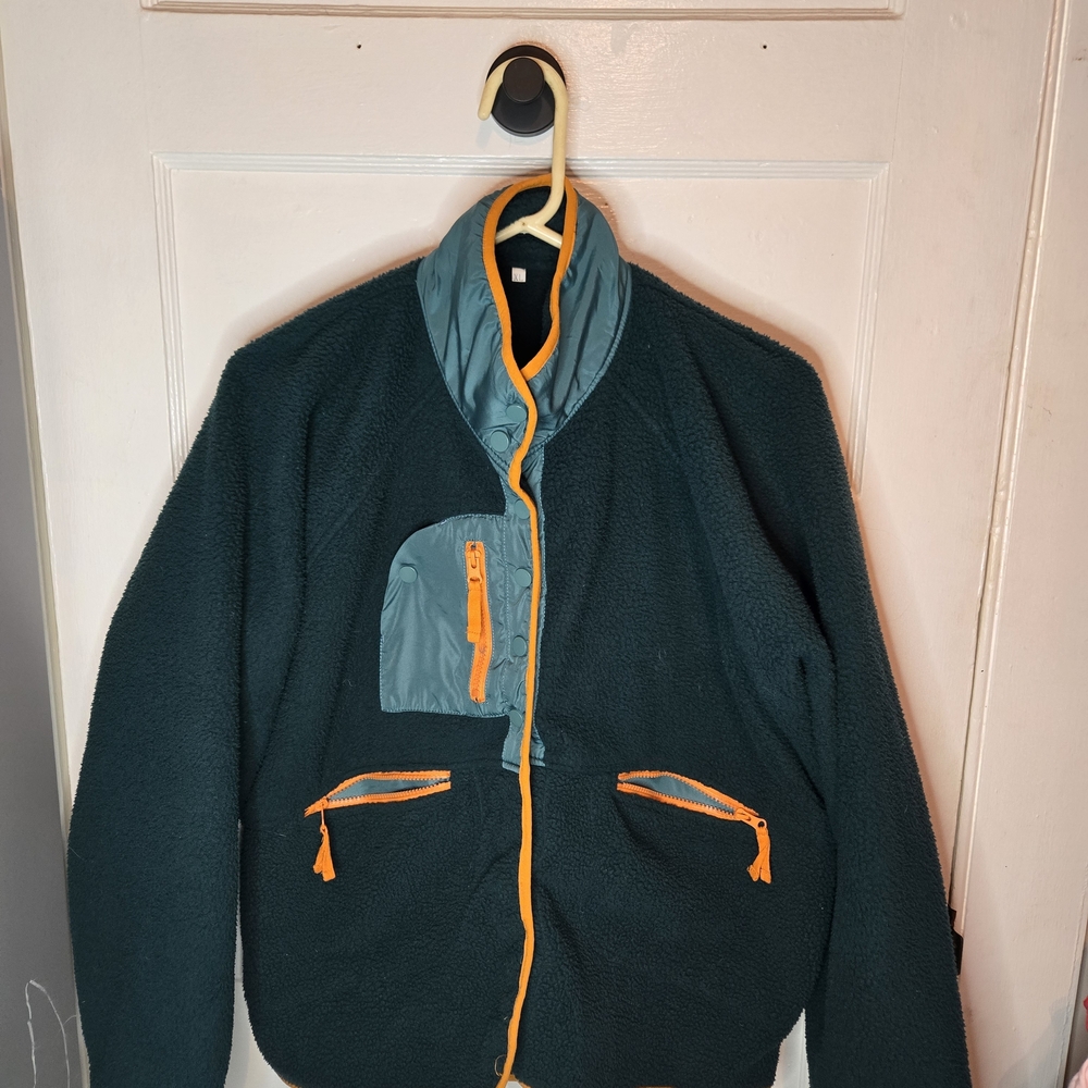 Men's Green Fleece Jacket with Orange Accents
